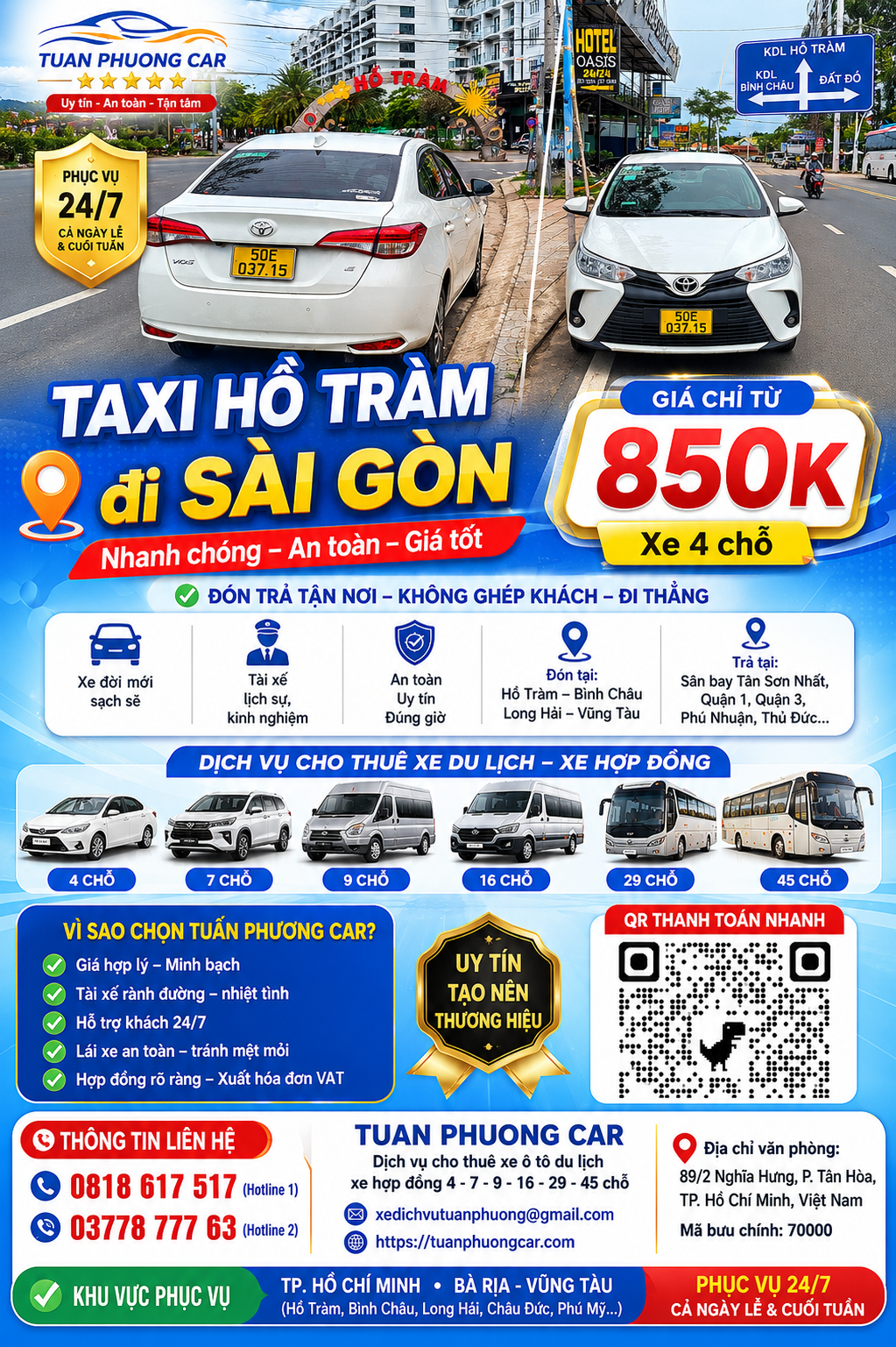 Taxi Hồ Tràm Đi Sài Gòn Giá Từ 850K | Xe Riêng 24/7